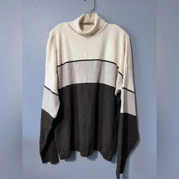 Vintage Bachrach Mock Neck Wool Sweater Long Sleeve Brown/Cream Sz Large Men USA - Picture 1 of 5